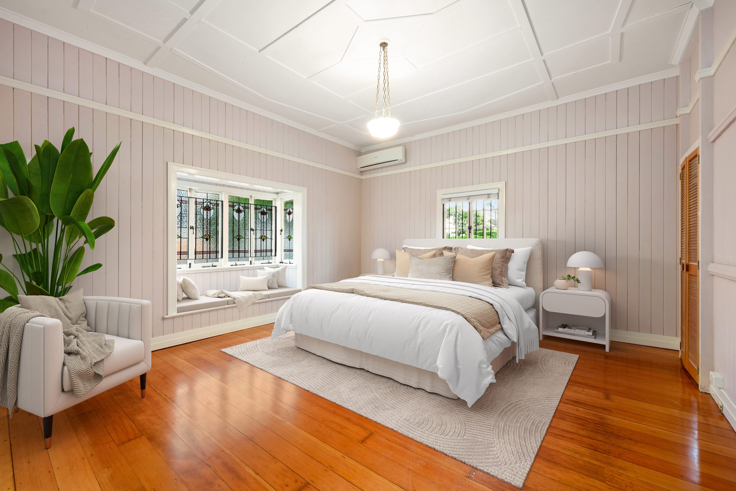 Light-filled bedroom with VJ walls in Auchenflower Queenslander, captured in professional virtual staging